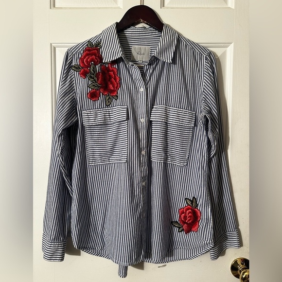 RAILS Revolve Frances Banker Stripe With Floral Patches MED Button Down Oxford - Picture 8 of 16